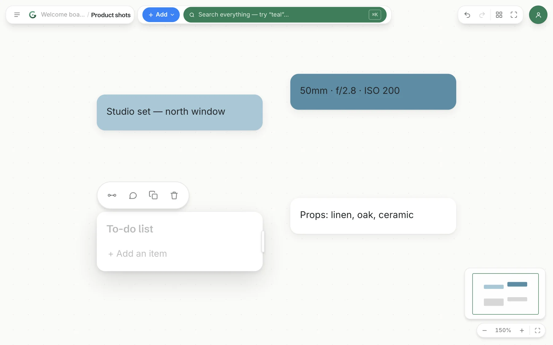 A Gladeboard shot-list board with camera settings, props, and studio notes in cool blue tones