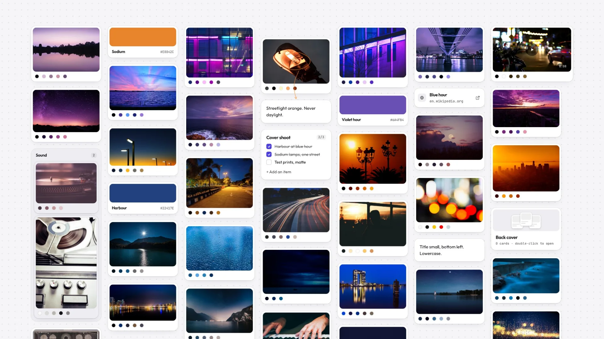 A Gladeboard board for a night-time record's cover: violet, orange and blue photographs, a swatch called Sodium, a note reading “Streetlight orange. Never daylight.”, a shoot list and a column of turntable photos.