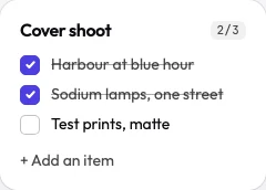 A to-do card, “Cover shoot”, two of three items ticked.